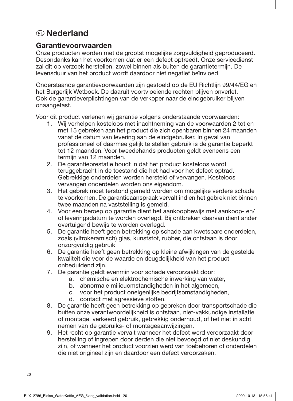 Nederland, Garantievoorwaarden | AEG EWA3110 User Manual | Page 20 / 28