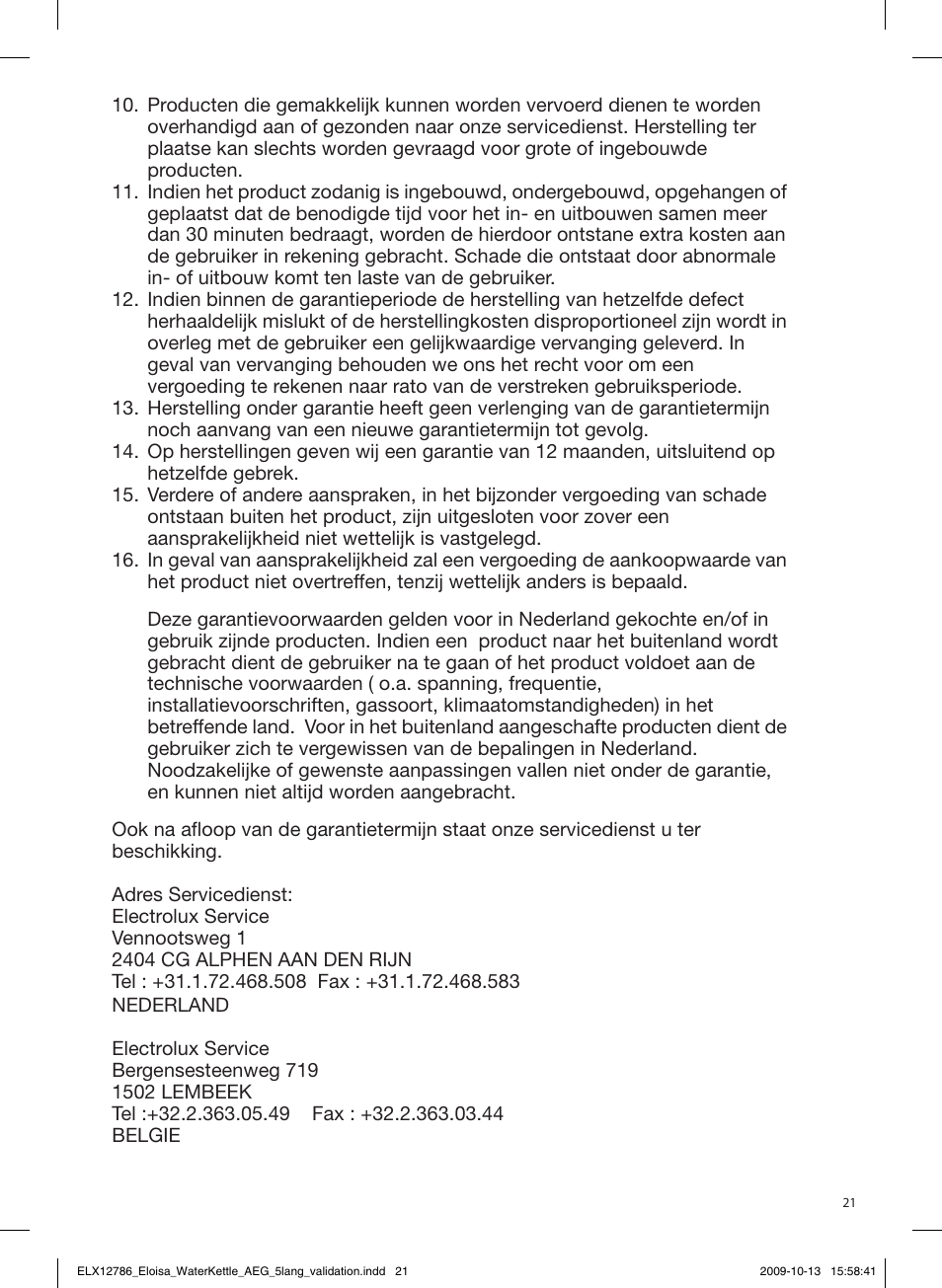 Nederland, Garantievoorwaarden | AEG EWA3110 User Manual | Page 21 / 28