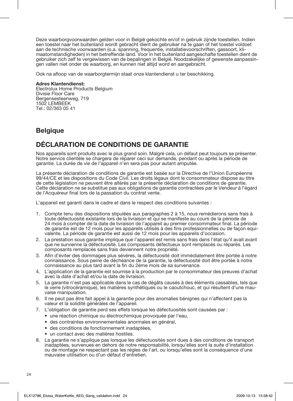 Republika slovenija, Garancijska izjava, Belgique déclaration de conditions de garantie | AEG EWA3110 User Manual | Page 24 / 28