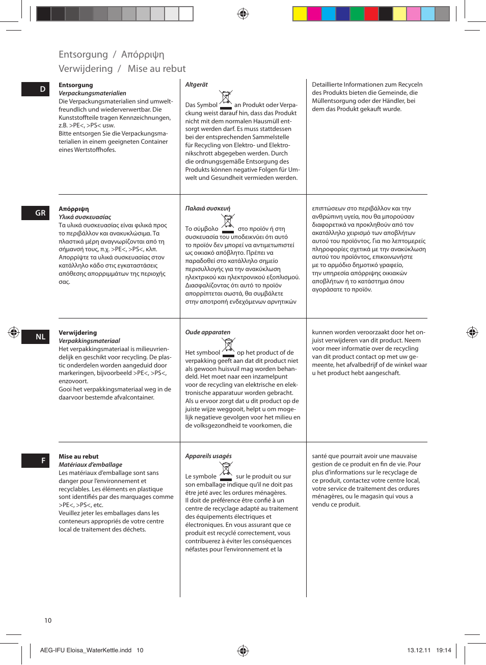 Entsorgung, Mise au rebut, Verwijdering / απόρριψη | AEG EWA3130RE User Manual | Page 10 / 28