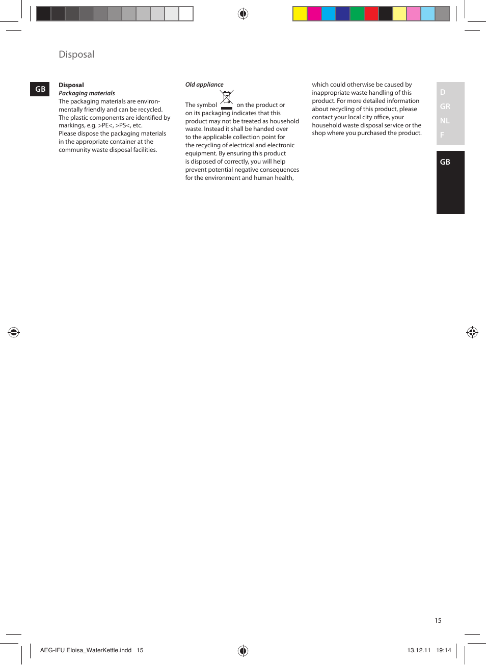 Disposal | AEG EWA3130RE User Manual | Page 15 / 28