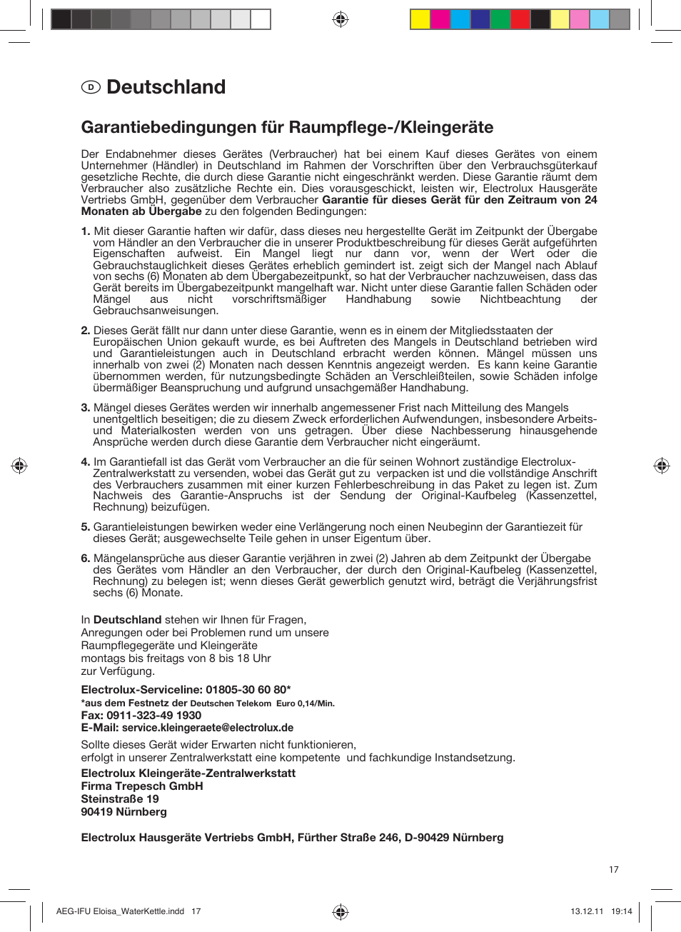 D deutschland, Garantiebedingungen für raumpflege-/kleingeräte | AEG EWA3130RE User Manual | Page 17 / 28