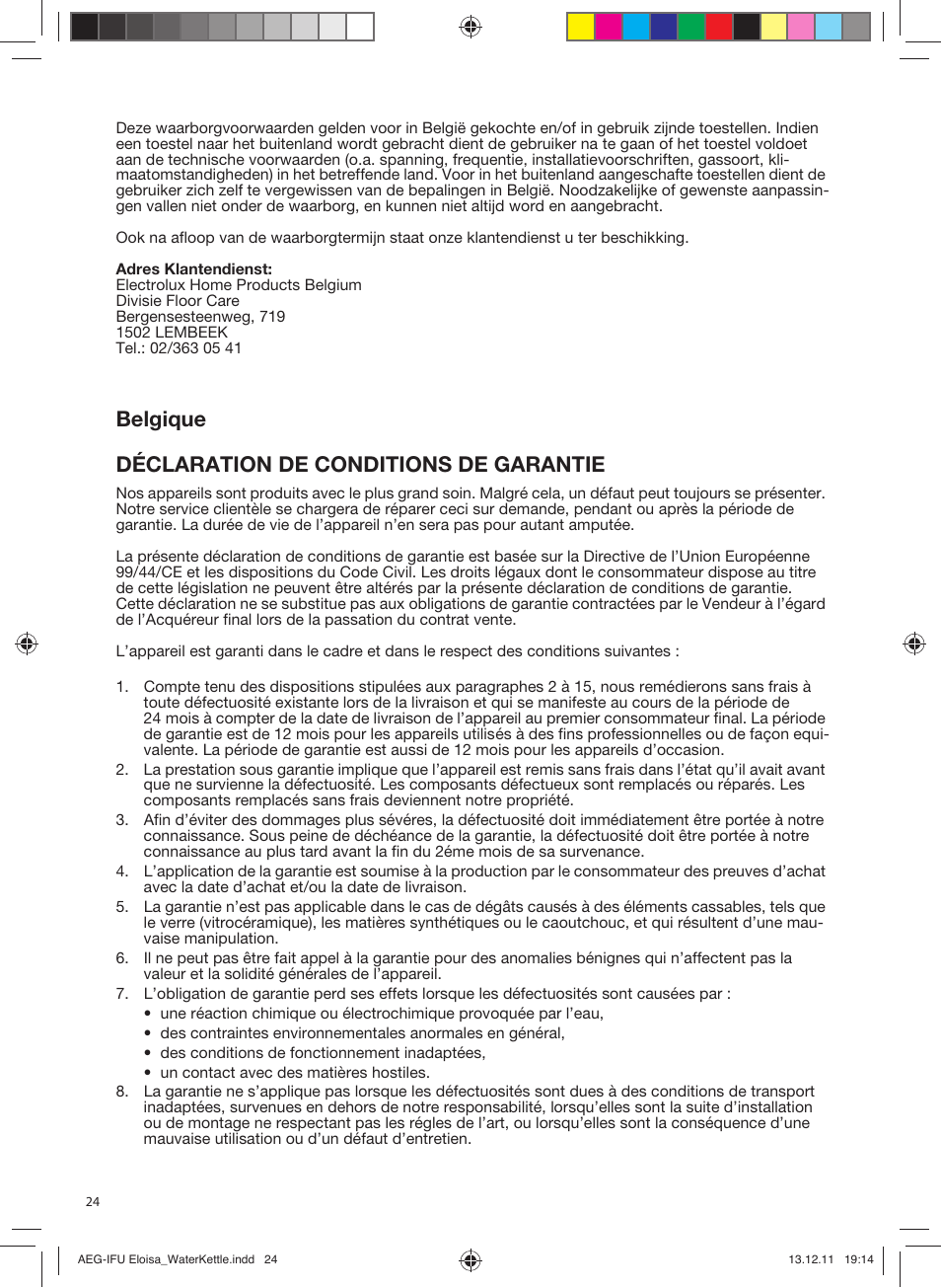 Belgique déclaration de conditions de garantie | AEG EWA3130RE User Manual | Page 24 / 28