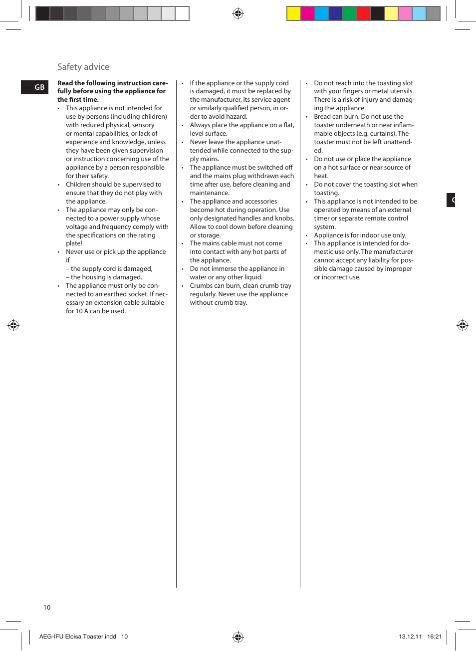 Safety advice | AEG AT3130YE User Manual | Page 10 / 24
