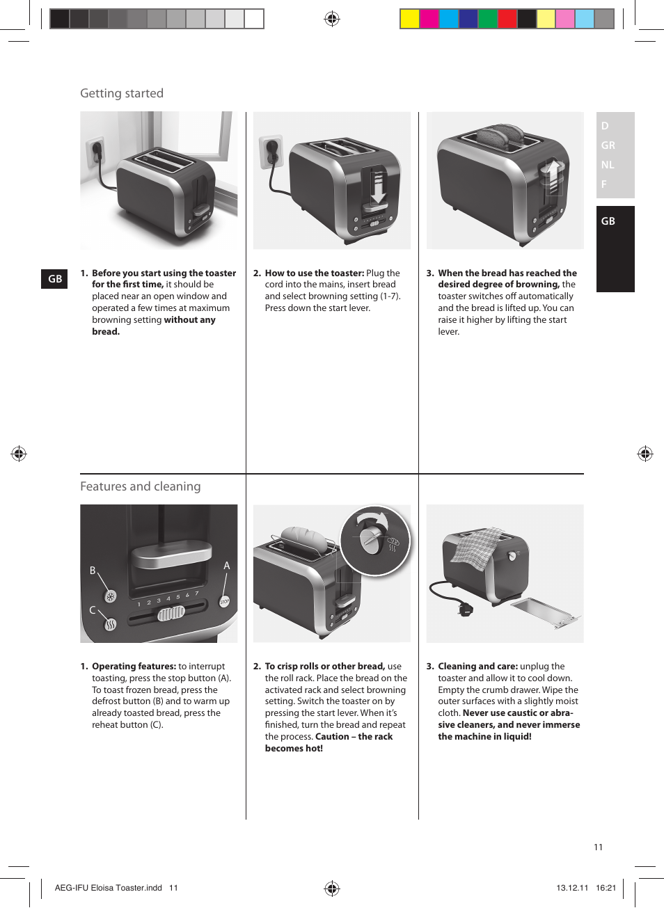 Getting started, Features and cleaning | AEG AT3130YE User Manual | Page 11 / 24