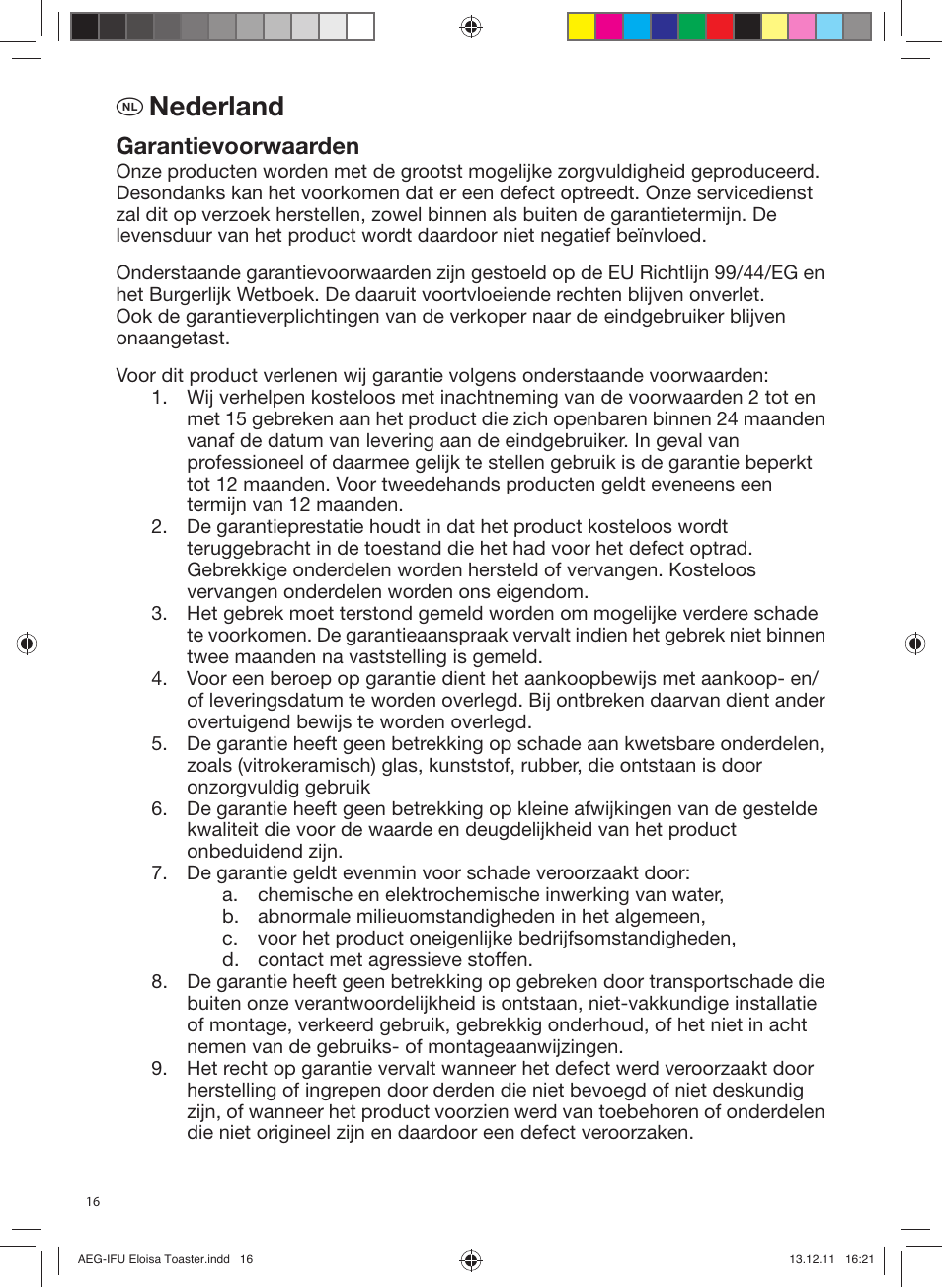 Nederland, Garantievoorwaarden | AEG AT3130YE User Manual | Page 16 / 24