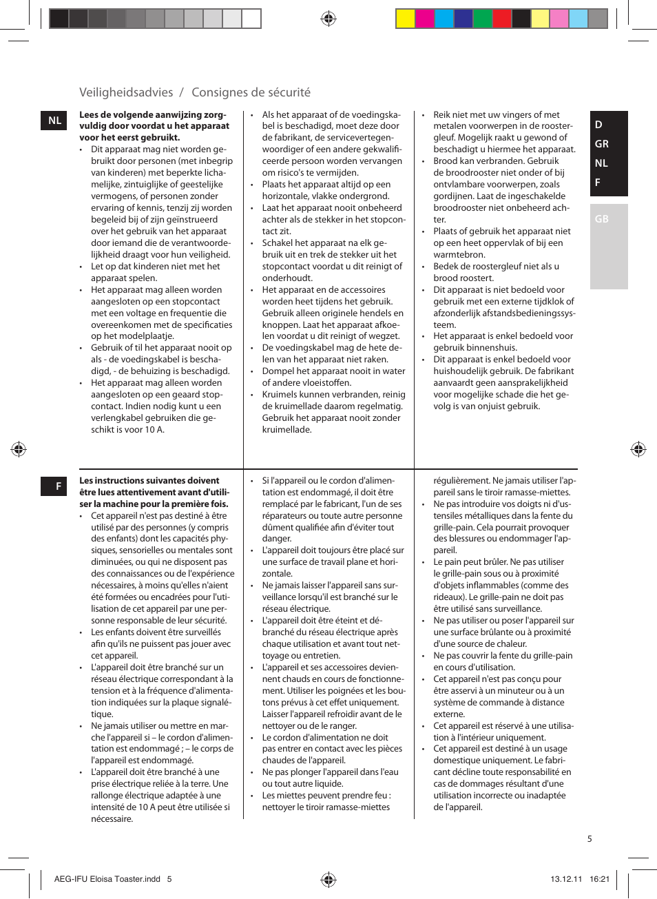 Veiligheidsadvies, Consignes de sécurité | AEG AT3130YE User Manual | Page 5 / 24