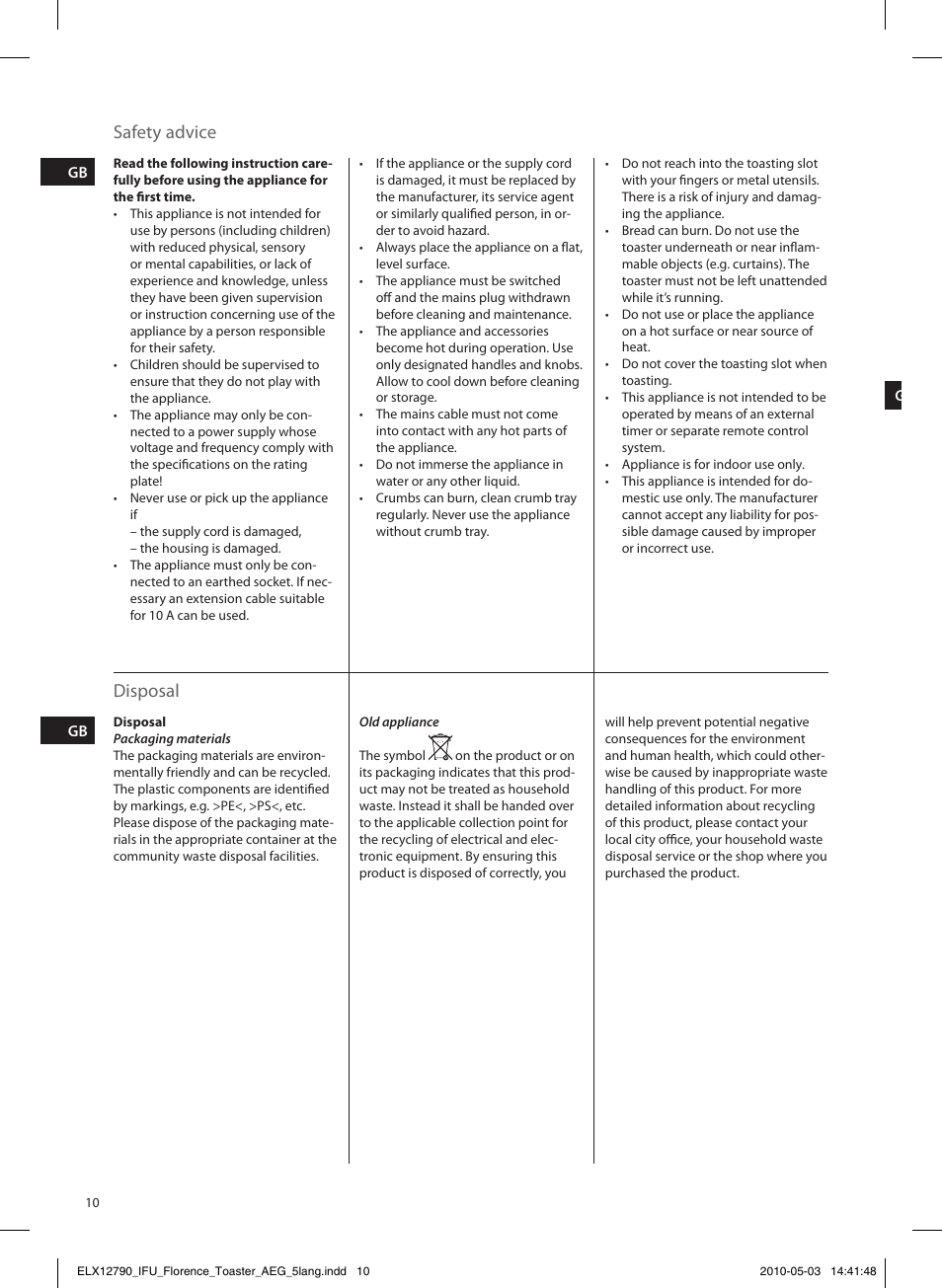 Safety advice, Disposal | AEG AT5110 User Manual | Page 10 / 12