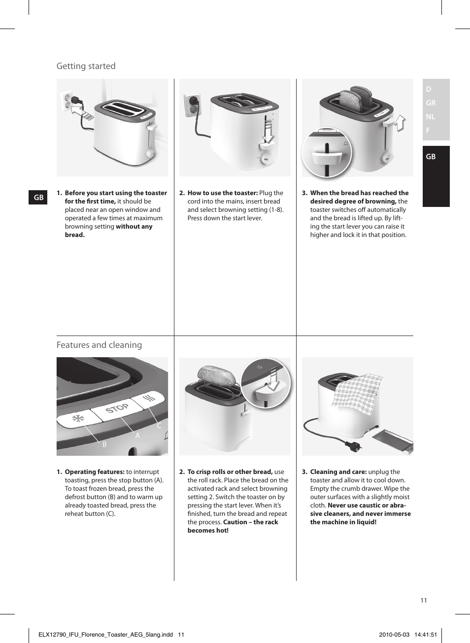 Getting started, Features and cleaning | AEG AT5110 User Manual | Page 11 / 12