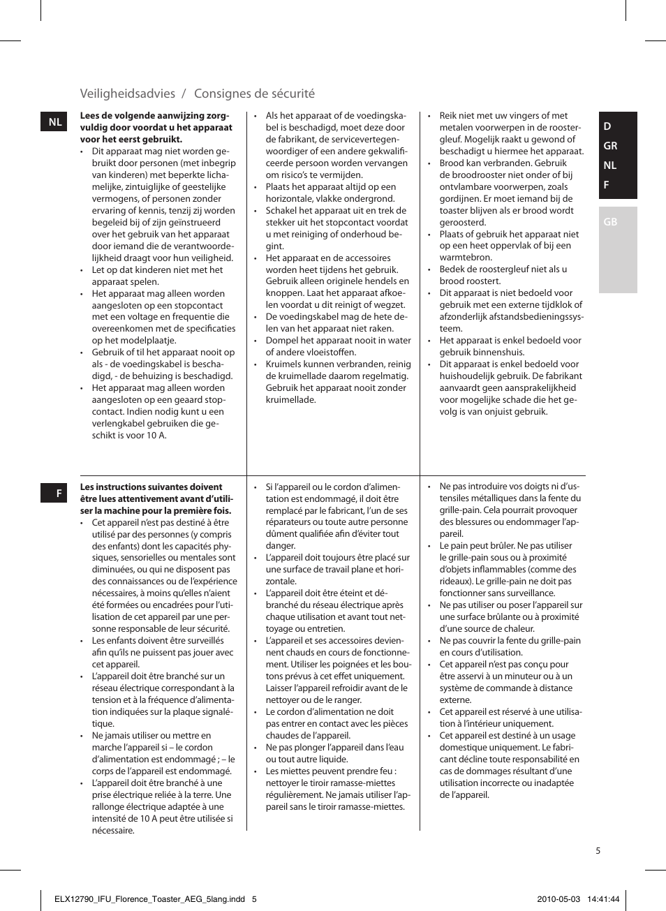 Veiligheidsadvies, Consignes de sécurité | AEG AT5110 User Manual | Page 5 / 12