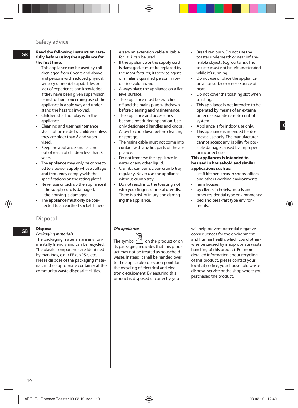 Safety advice, Disposal | AEG AT5210 User Manual | Page 10 / 12