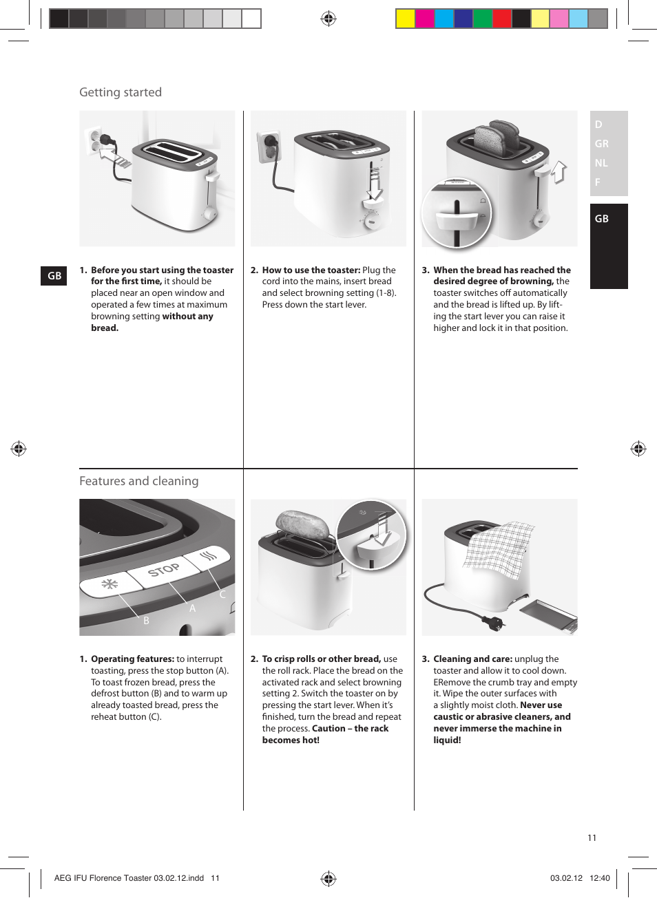 Getting started, Features and cleaning | AEG AT5210 User Manual | Page 11 / 12