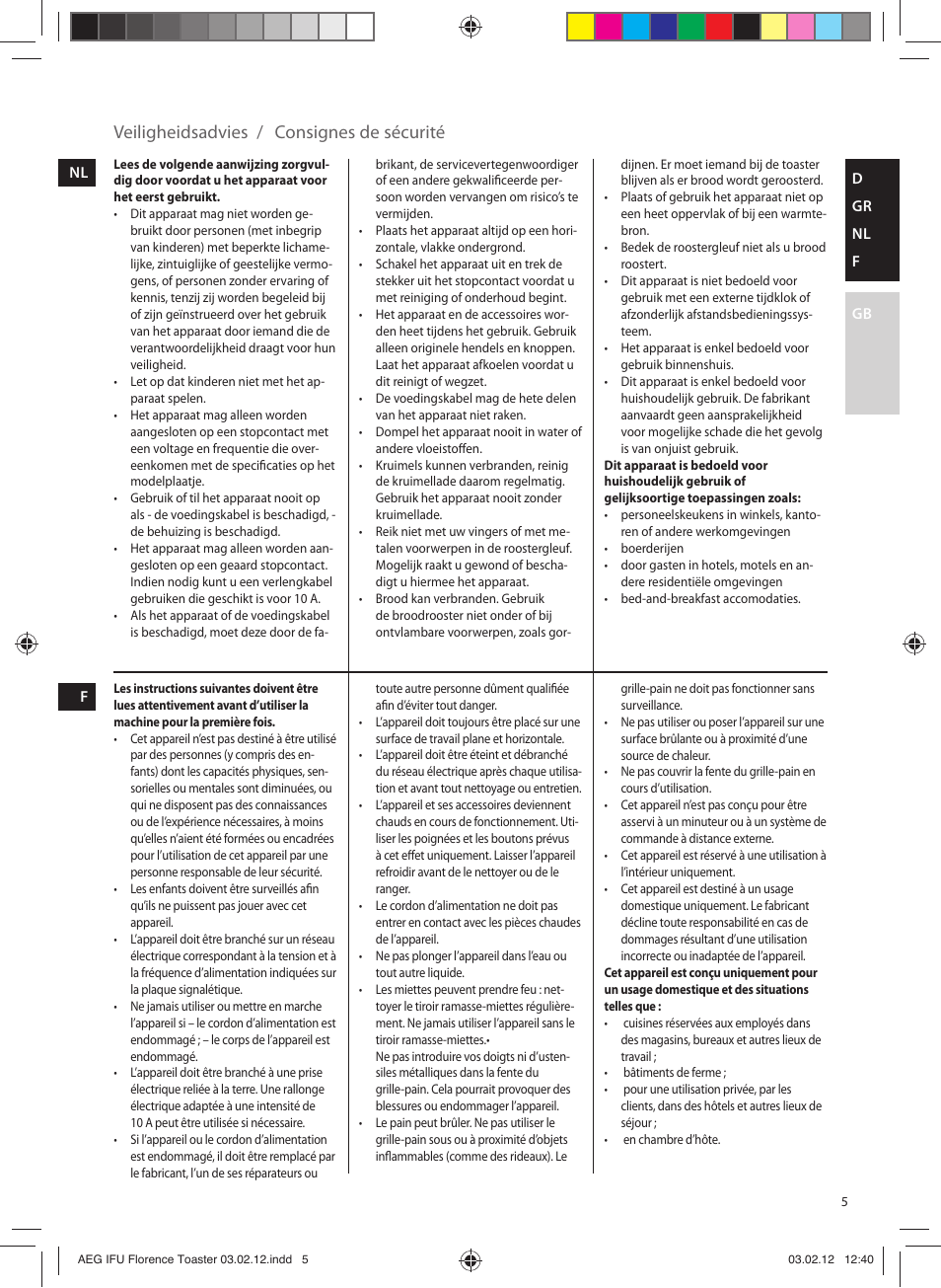 Veiligheidsadvies, Consignes de sécurité | AEG AT5210 User Manual | Page 5 / 12