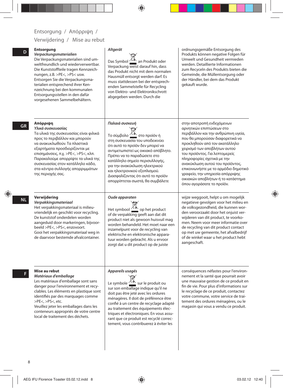 Entsorgung, Mise au rebut verwijdering, Απόρριψη | AEG AT5210 User Manual | Page 8 / 12