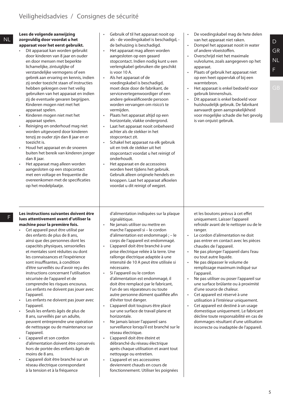 Veiligheidsadvies, Consignes de sécurité, D gr nl f gb | Nl f | AEG KAM300 User Manual | Page 5 / 36