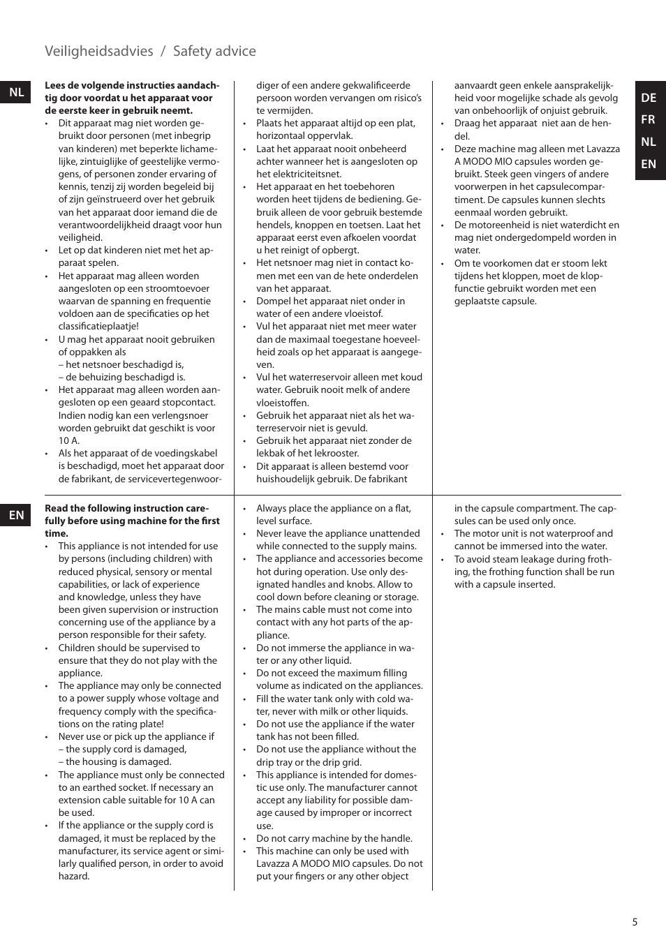 Veiligheidsadvies / safety advice, De fr nl en | AEG LM5400 User Manual | Page 5 / 18