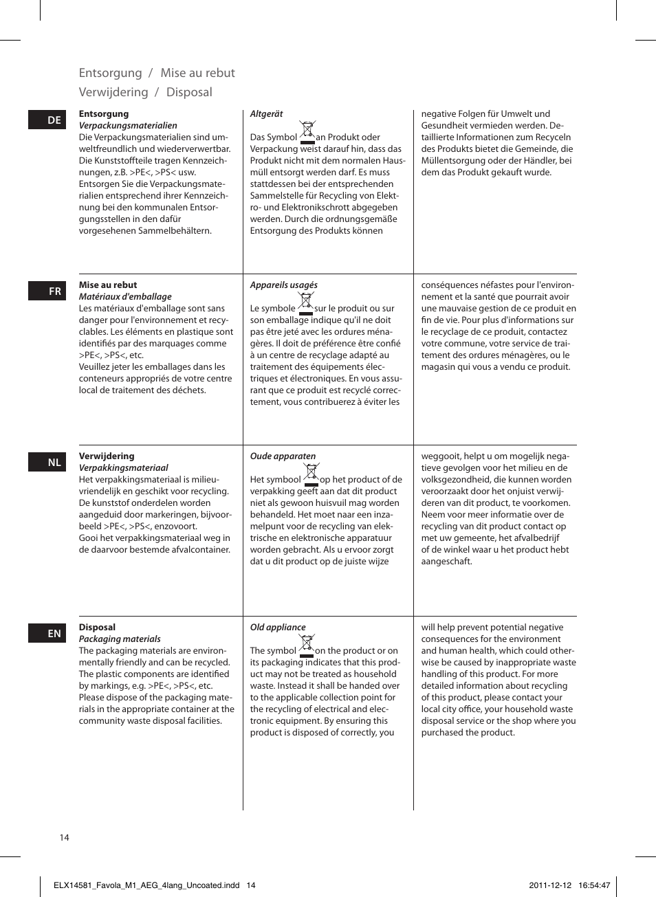 Entsorgung, Mise au rebut verwijdering / disposal | AEG LM5100 User Manual | Page 14 / 16