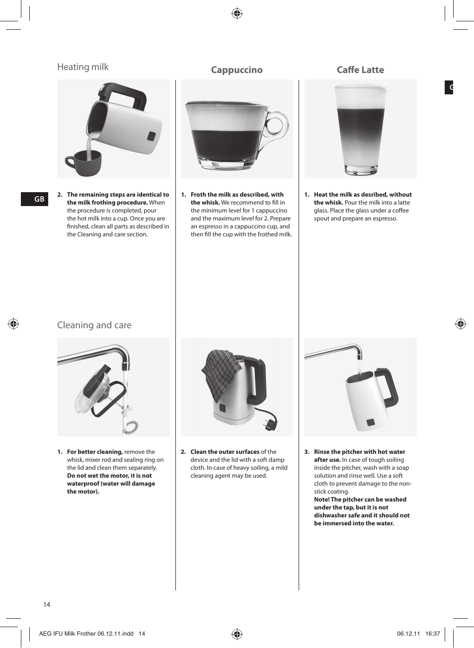 Cappuccino caff e latte, Heating milk, Cleaning and care | AEG MS5000 User Manual | Page 14 / 16