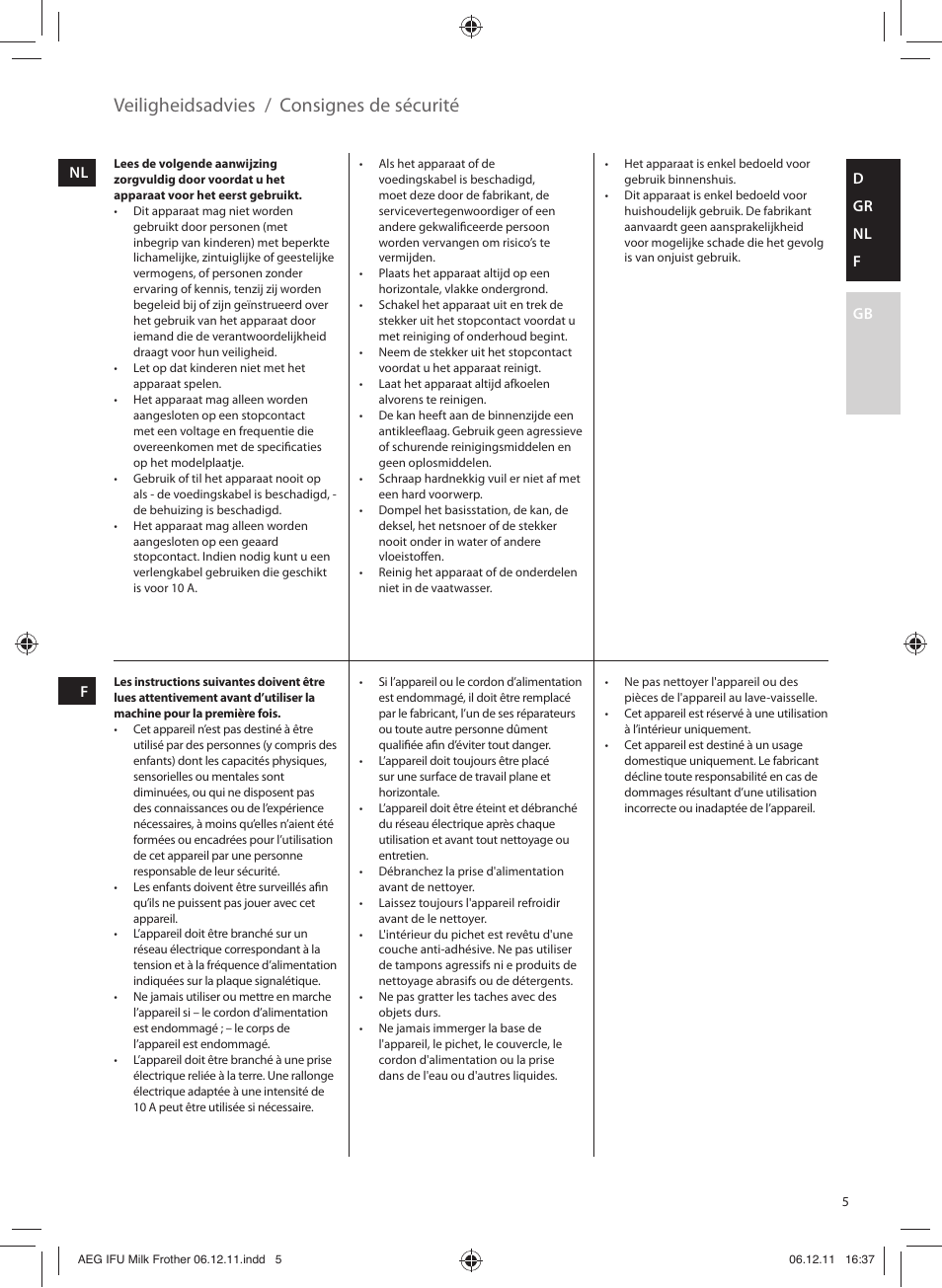 Consignes de sécurité, Veiligheidsadvies | AEG MS5000 User Manual | Page 5 / 16
