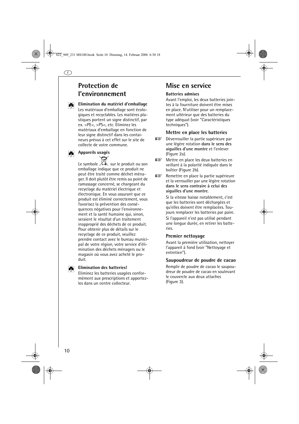 Protection de l’environnement, Mise en service | AEG MS100 User Manual | Page 10 / 40