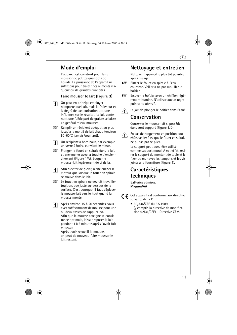 Mode d'emploi, Nettoyage et entretien, Conservation | Caractéristiques techniques | AEG MS100 User Manual | Page 11 / 40