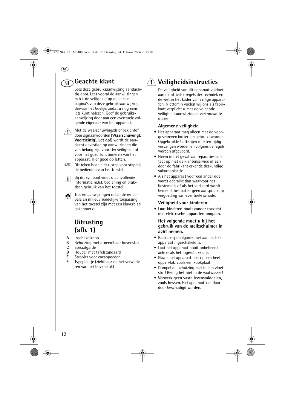 Geachte klant, Uitrusting (afb. 1), Veiligheidsinstructies | AEG MS100 User Manual | Page 12 / 40
