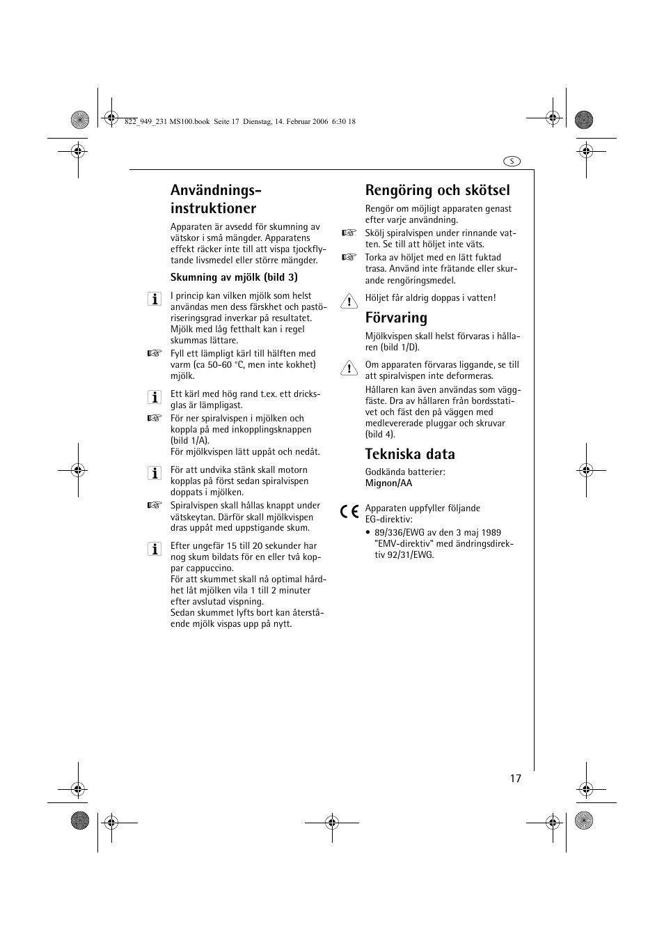 Användnings- instruktioner, Rengöring och skötsel, Förvaring | Tekniska data | AEG MS100 User Manual | Page 17 / 40