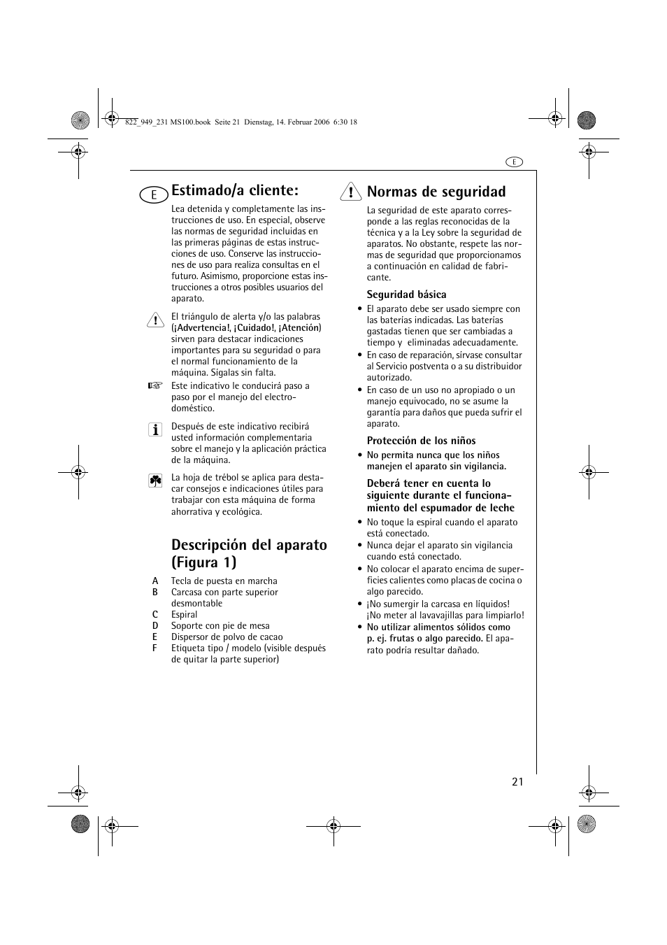 Estimado/a cliente, Descripción del aparato (figura 1), Normas de seguridad | AEG MS100 User Manual | Page 21 / 40