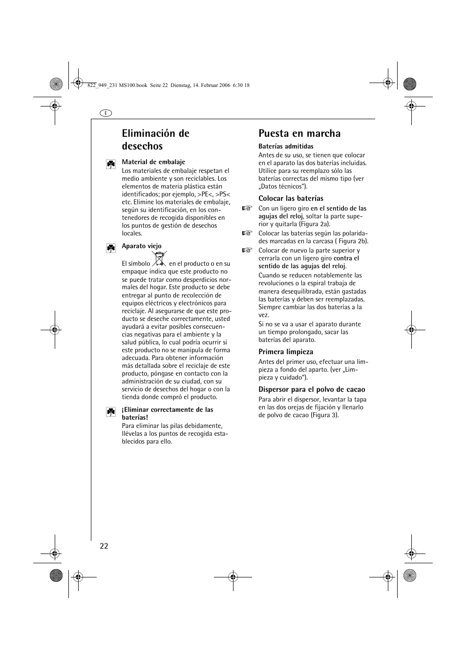 Eliminación de desechos, Puesta en marcha | AEG MS100 User Manual | Page 22 / 40
