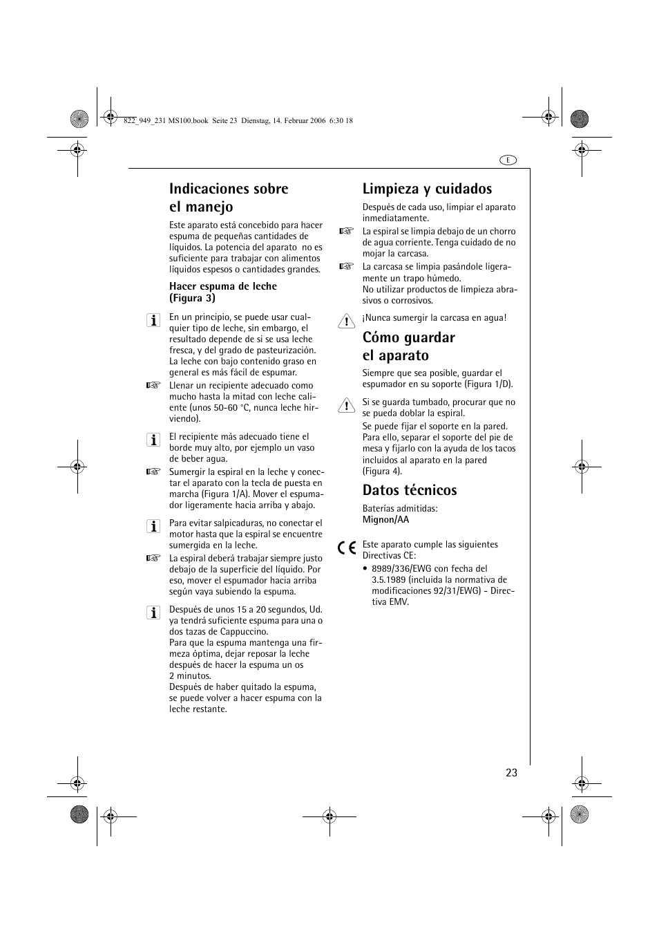 Indicaciones sobre el manejo, Limpieza y cuidados, Cómo guardar el aparato | Datos técnicos | AEG MS100 User Manual | Page 23 / 40