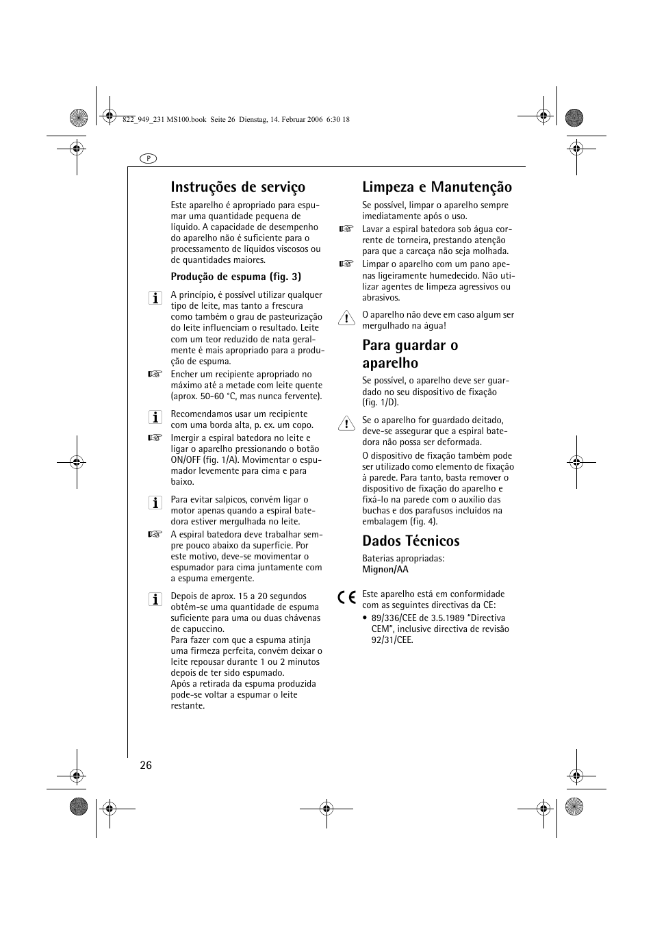 Instruções de serviço, Limpeza e manutenção, Para guardar o aparelho | Dados técnicos | AEG MS100 User Manual | Page 26 / 40