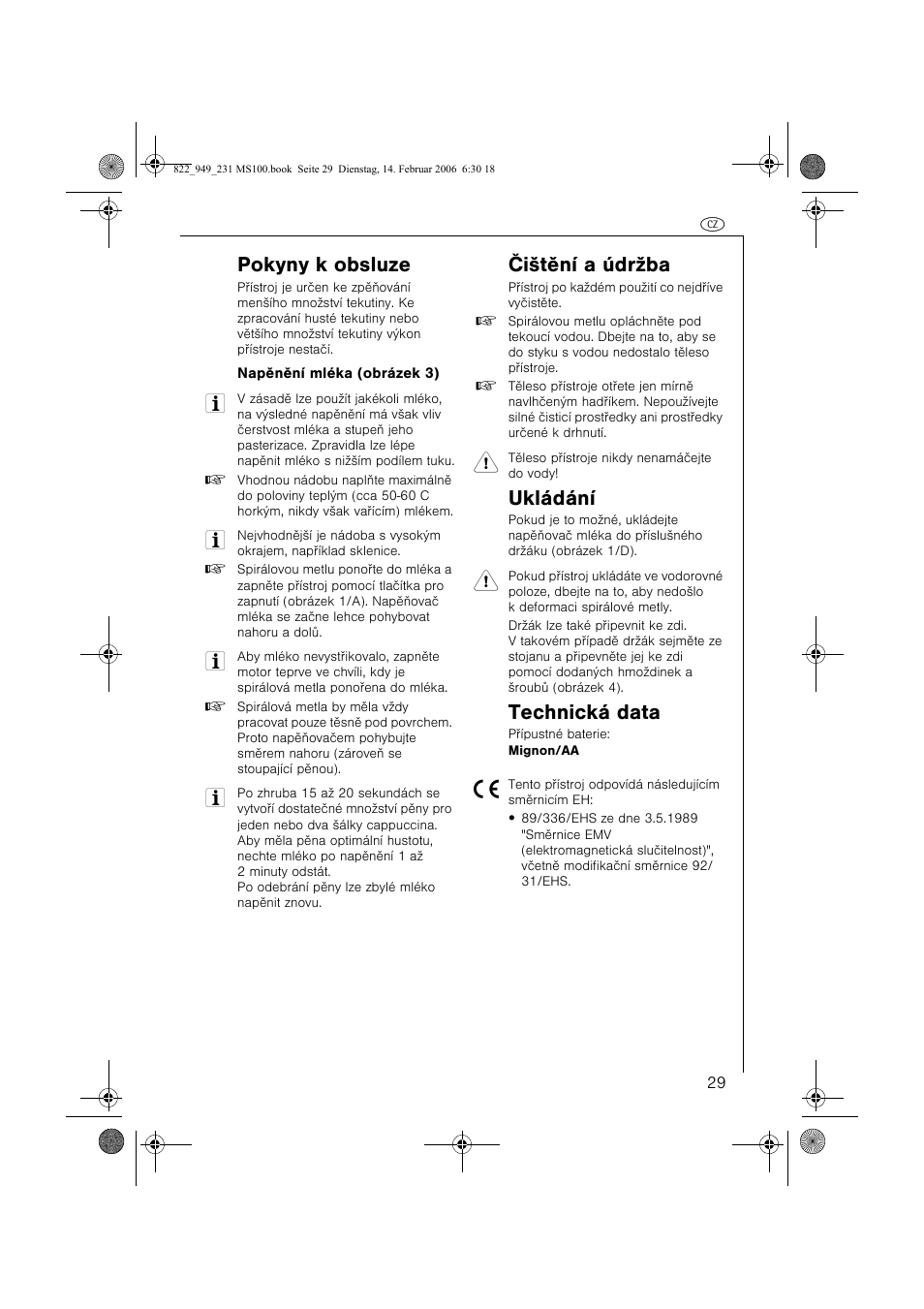 Pokyny k obsluze, Èištìní a údržba, Ukládání | Technická data | AEG MS100 User Manual | Page 29 / 40