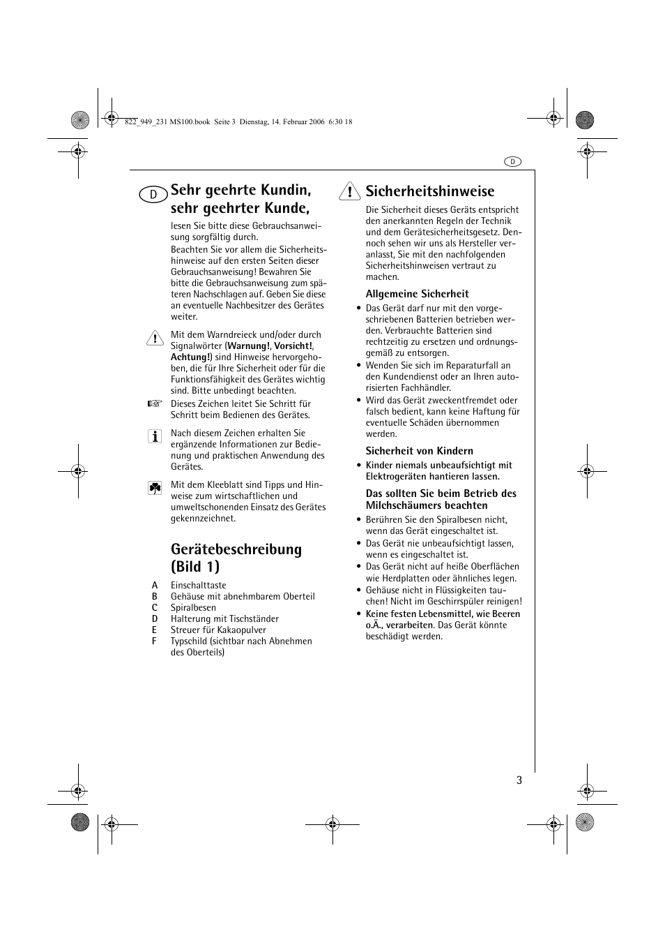 Sehr geehrte kundin, sehr geehrter kunde, Gerätebeschreibung (bild 1), Sicherheitshinweise | AEG MS100 User Manual | Page 3 / 40