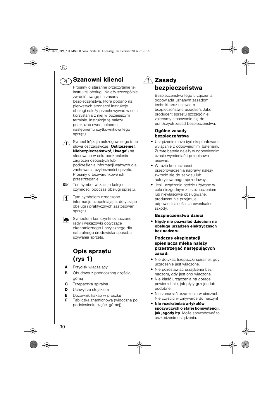 Szanowni klienci, Opis sprzêtu (rys 1), Zasady bezpieczeñstwa | AEG MS100 User Manual | Page 30 / 40