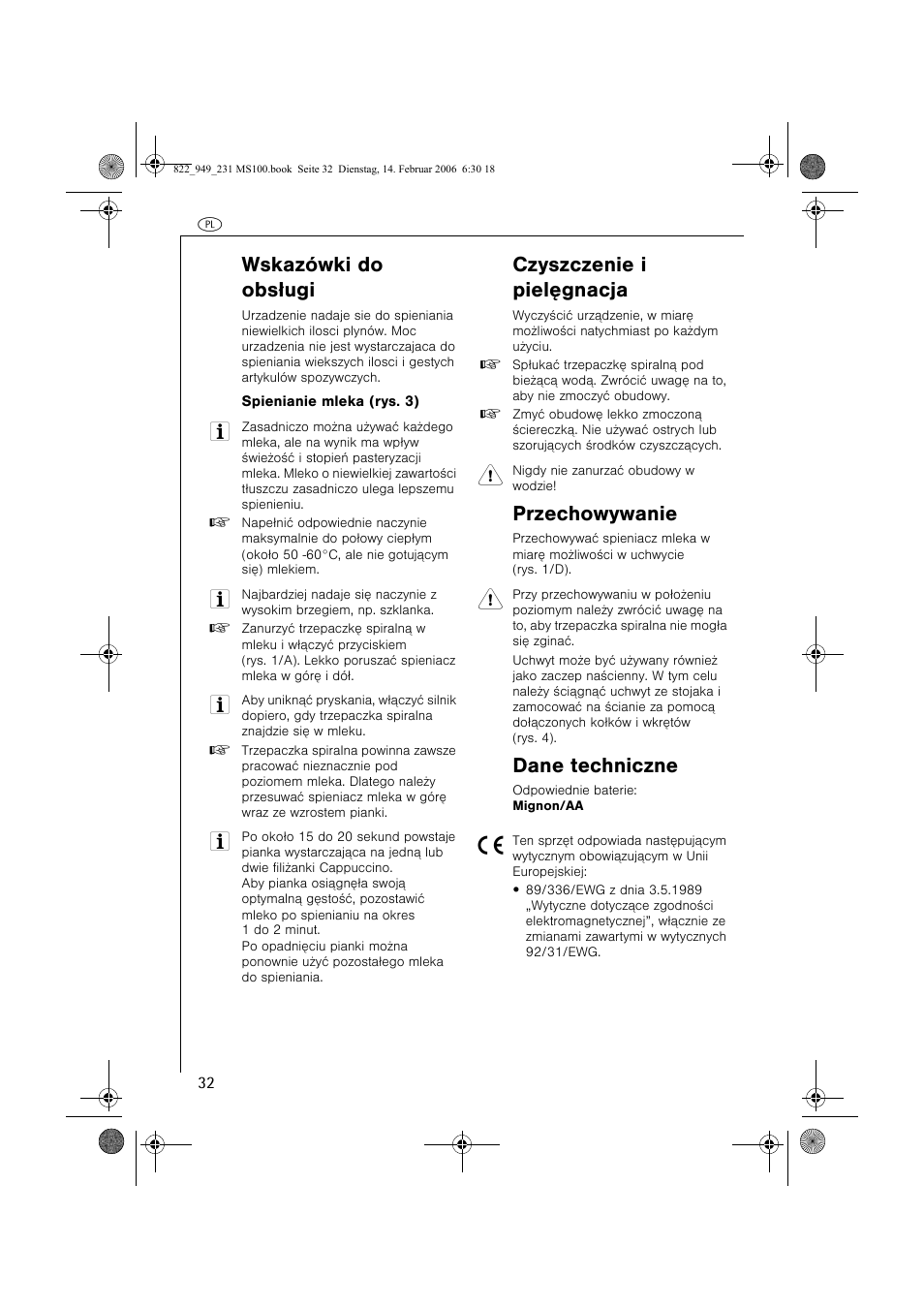 Wskazówki do obs³ugi, Czyszczenie i pielêgnacja, Przechowywanie | Dane techniczne | AEG MS100 User Manual | Page 32 / 40