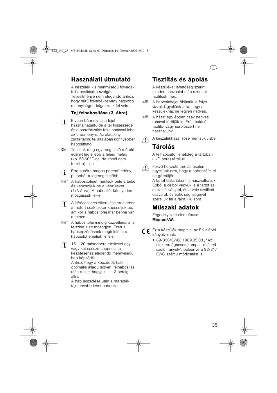 Használati útmutató, Tisztítás és ápolás, Tárolás | Mûszaki adatok | AEG MS100 User Manual | Page 35 / 40