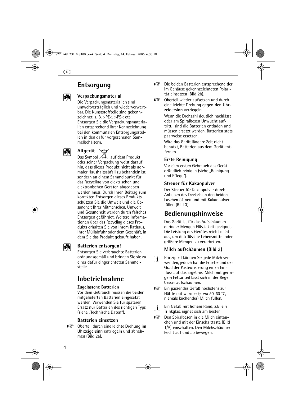 Entsorgung, Inbetriebnahme, Bedienungshinweise | AEG MS100 User Manual | Page 4 / 40