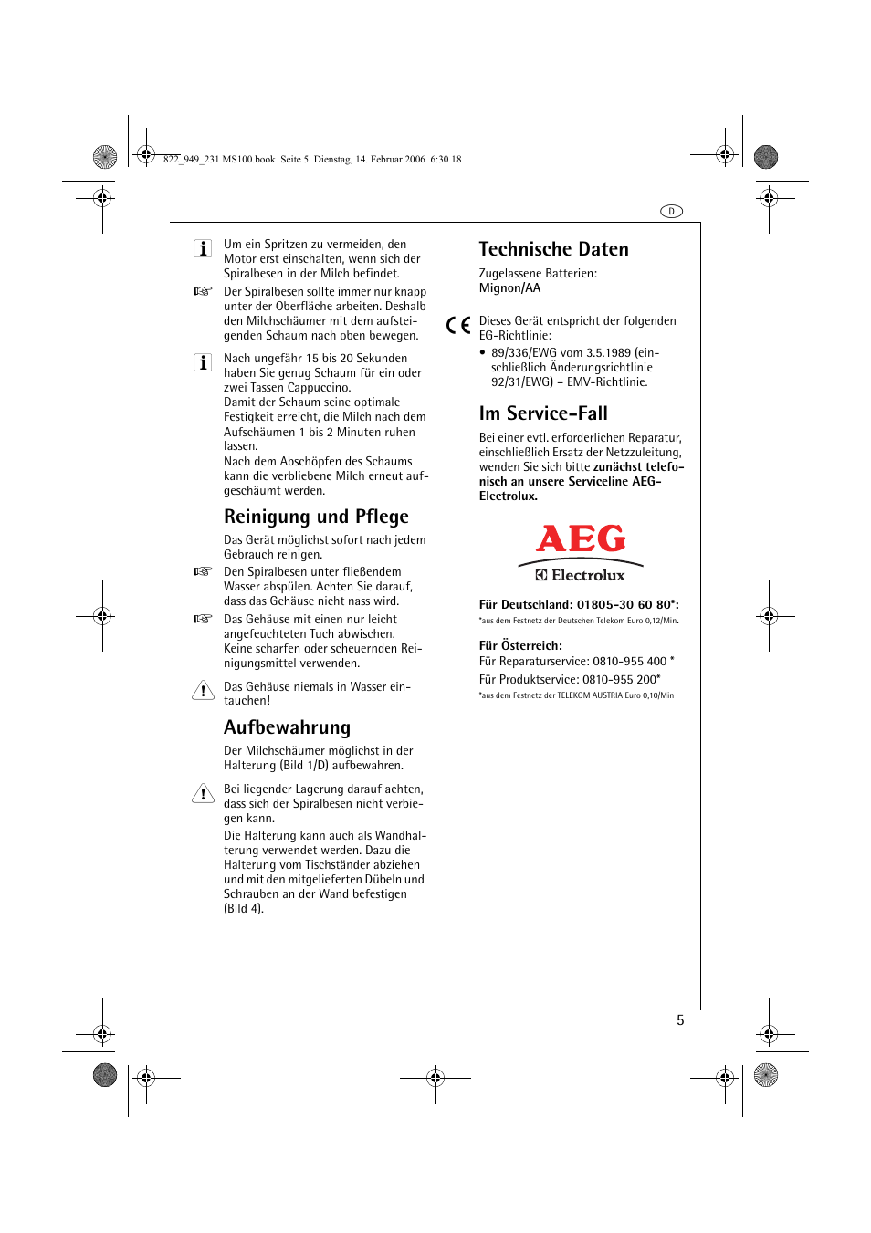 Reinigung und pflege, Aufbewahrung, Technische daten | Im service-fall | AEG MS100 User Manual | Page 5 / 40