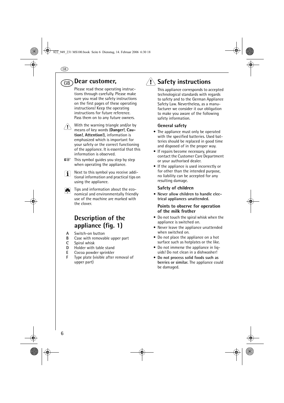 Dear customer, Description of the appliance (fig. 1), Safety instructions | AEG MS100 User Manual | Page 6 / 40