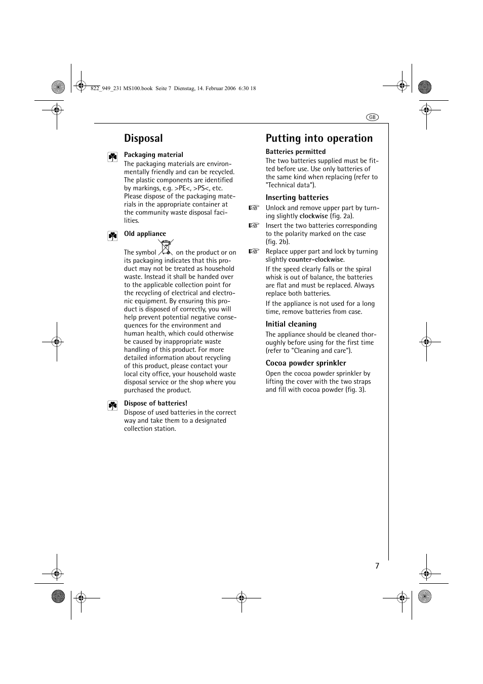 Disposal, Putting into operation | AEG MS100 User Manual | Page 7 / 40