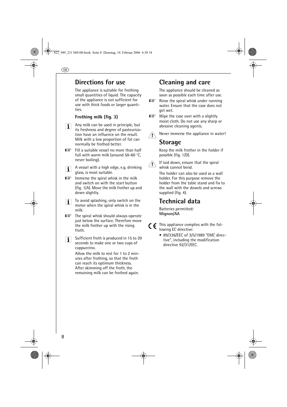 Directions for use, Cleaning and care, Storage | Technical data | AEG MS100 User Manual | Page 8 / 40