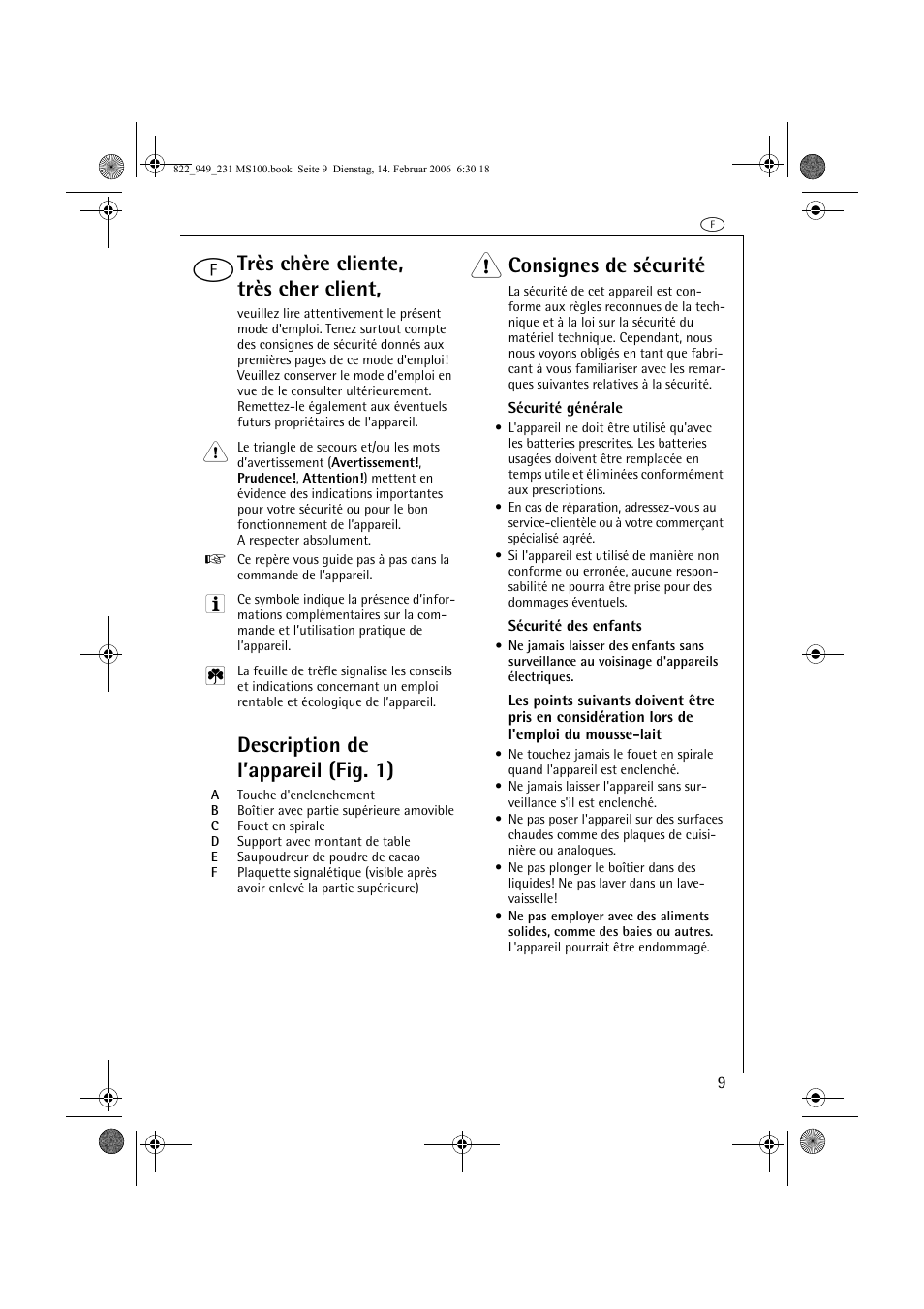 Très chère cliente, très cher client, Description de l’appareil (fig. 1), Consignes de sécurité | AEG MS100 User Manual | Page 9 / 40