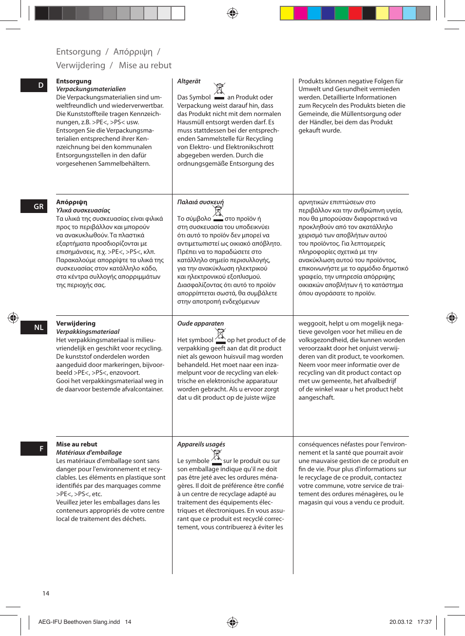 Entsorgung, Mise au rebut verwijdering, Απόρριψη | AEG SB4700 User Manual | Page 14 / 20