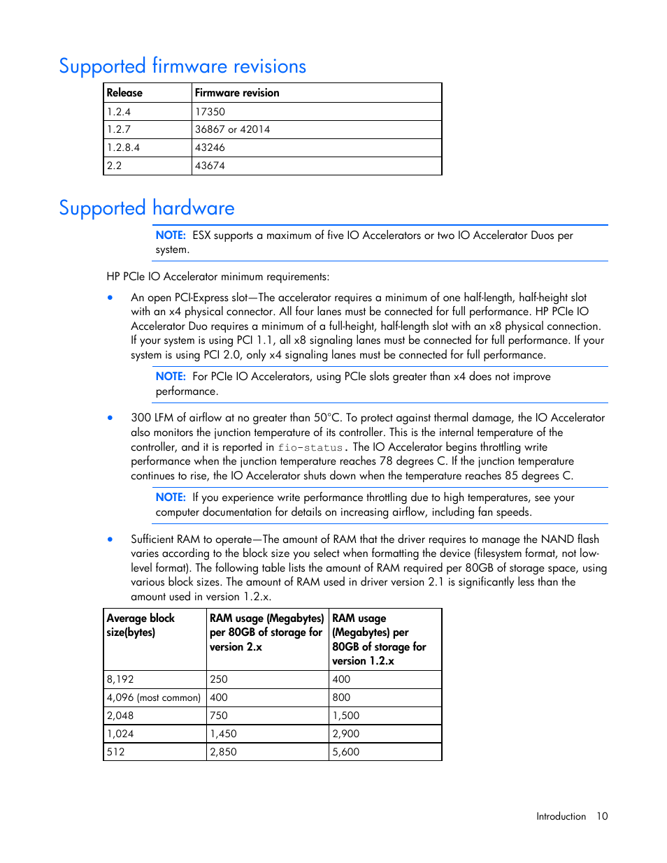 Supported firmware revisions, Supported hardware | HP PCIe IO Accelerators for ProLiant Servers User Manual | Page 10 / 130