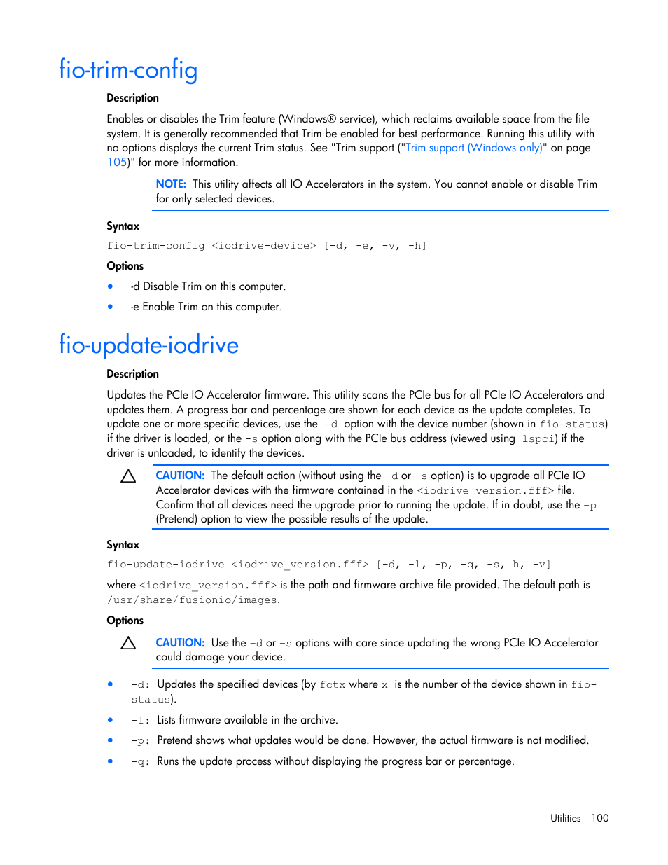 Fio-trim-config, Fio-update-iodrive | HP PCIe IO Accelerators for ProLiant Servers User Manual | Page 100 / 130