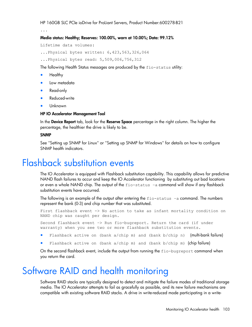 Flashback substitution events, Software raid and health monitoring | HP PCIe IO Accelerators for ProLiant Servers User Manual | Page 103 / 130