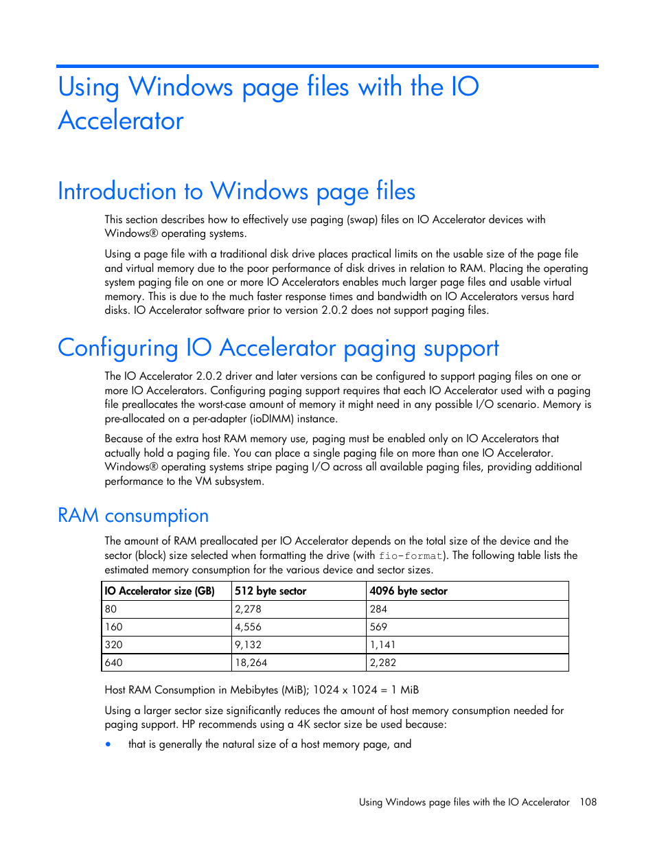 Configuring io accelerator paging support, Ram consumption, Using windows page files with the io accelerator | Introduction to windows page files | HP PCIe IO Accelerators for ProLiant Servers User Manual | Page 108 / 130