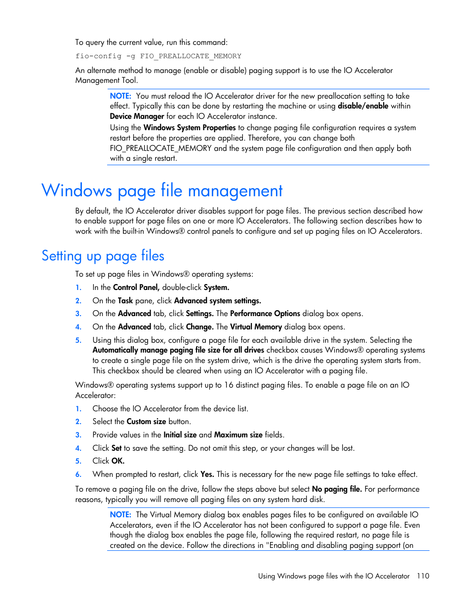 Windows page file management, Setting up page files | HP PCIe IO Accelerators for ProLiant Servers User Manual | Page 110 / 130