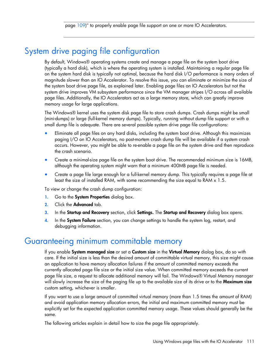 System drive paging file configuration, Guaranteeing minimum commitable memory | HP PCIe IO Accelerators for ProLiant Servers User Manual | Page 111 / 130