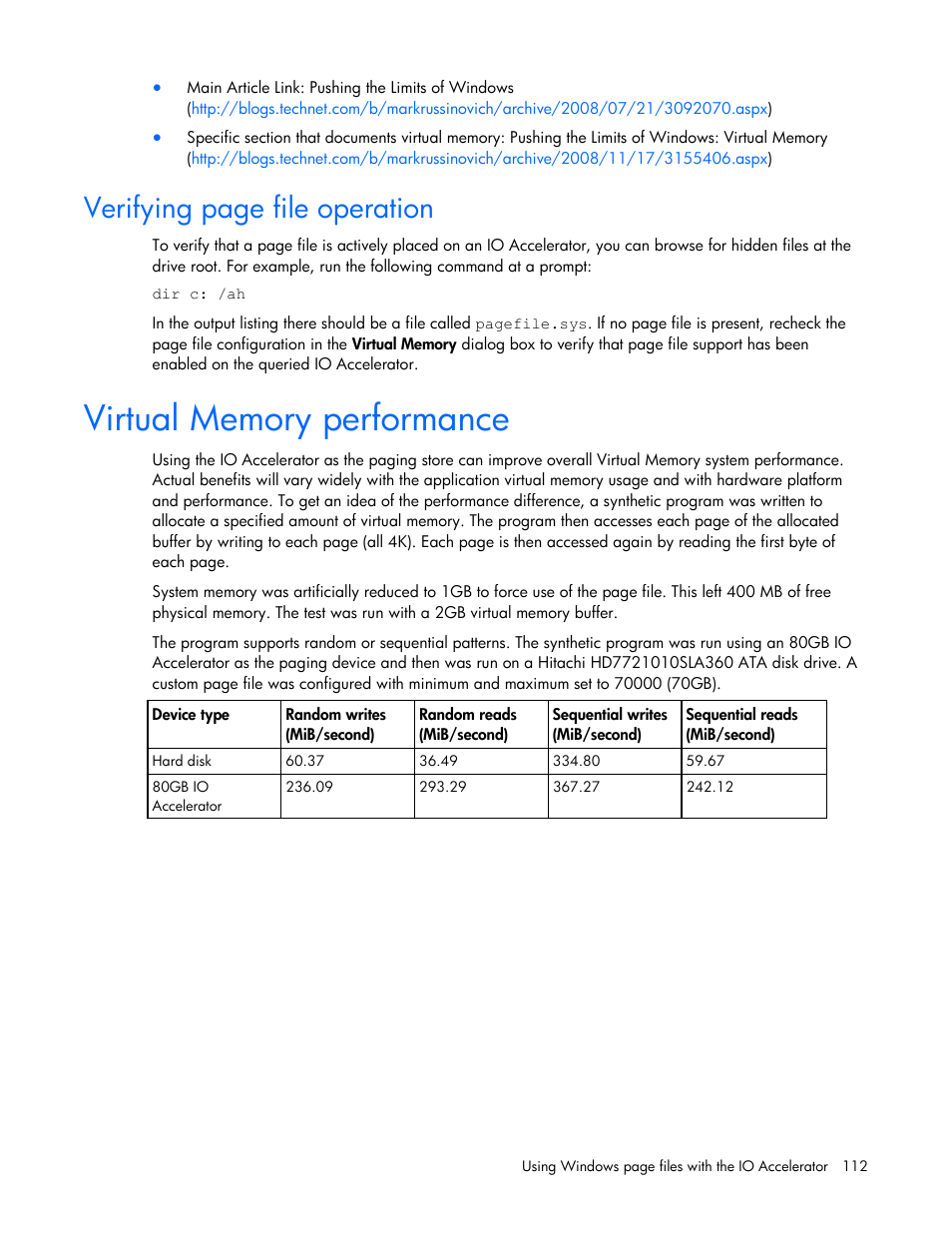 Virtual memory performance, Verifying page file operation | HP PCIe IO Accelerators for ProLiant Servers User Manual | Page 112 / 130